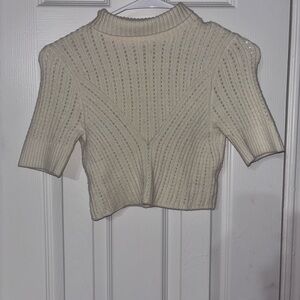 Free People Cream Ribbed Short-Sleeve Cropped Top